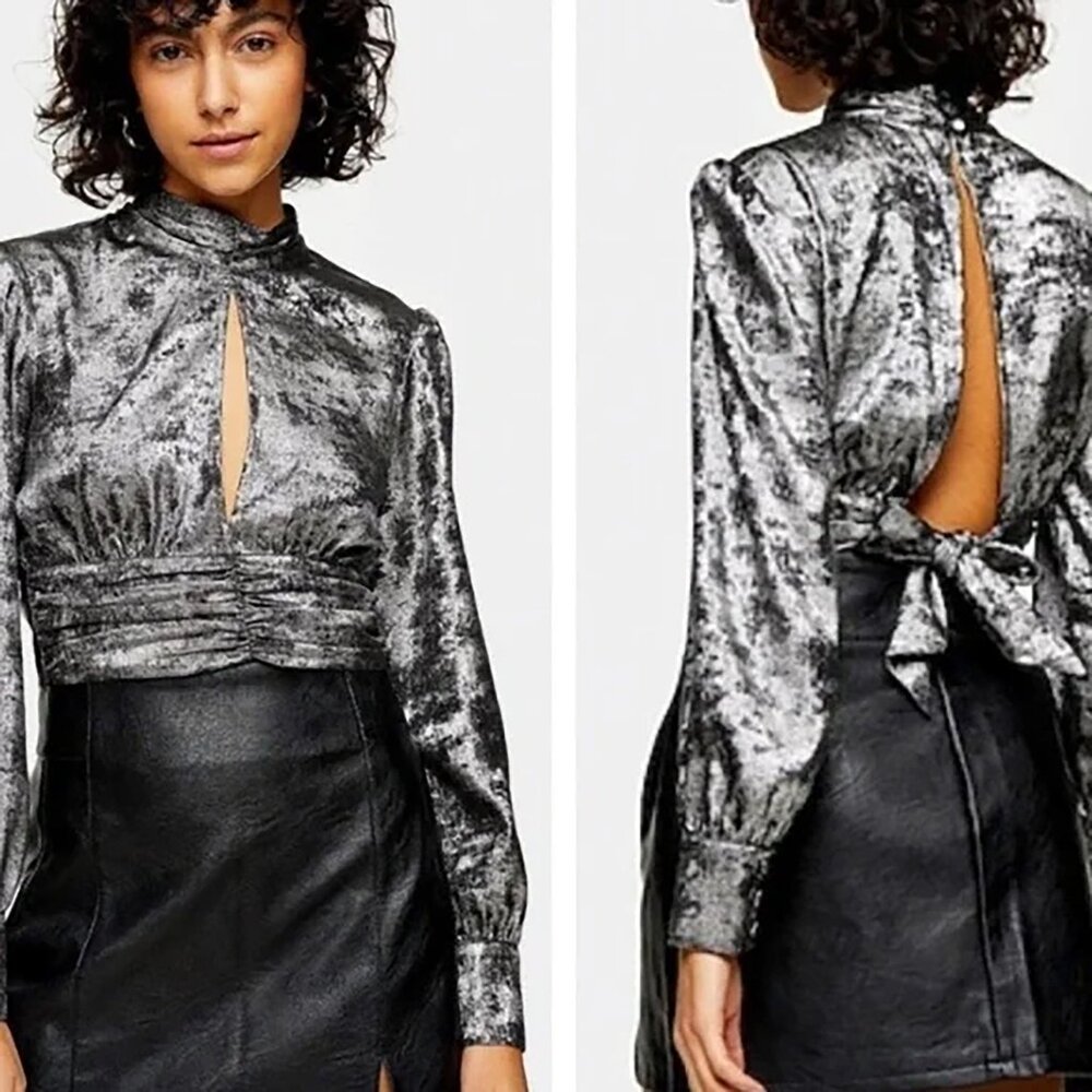 TOP SHOP cropped gunmetal puff sleeve  wrap tie blouse top